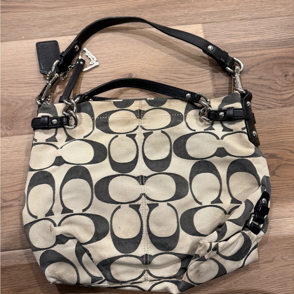 Coach Canvas Shoulder Bag in Black & Cream Signature Print